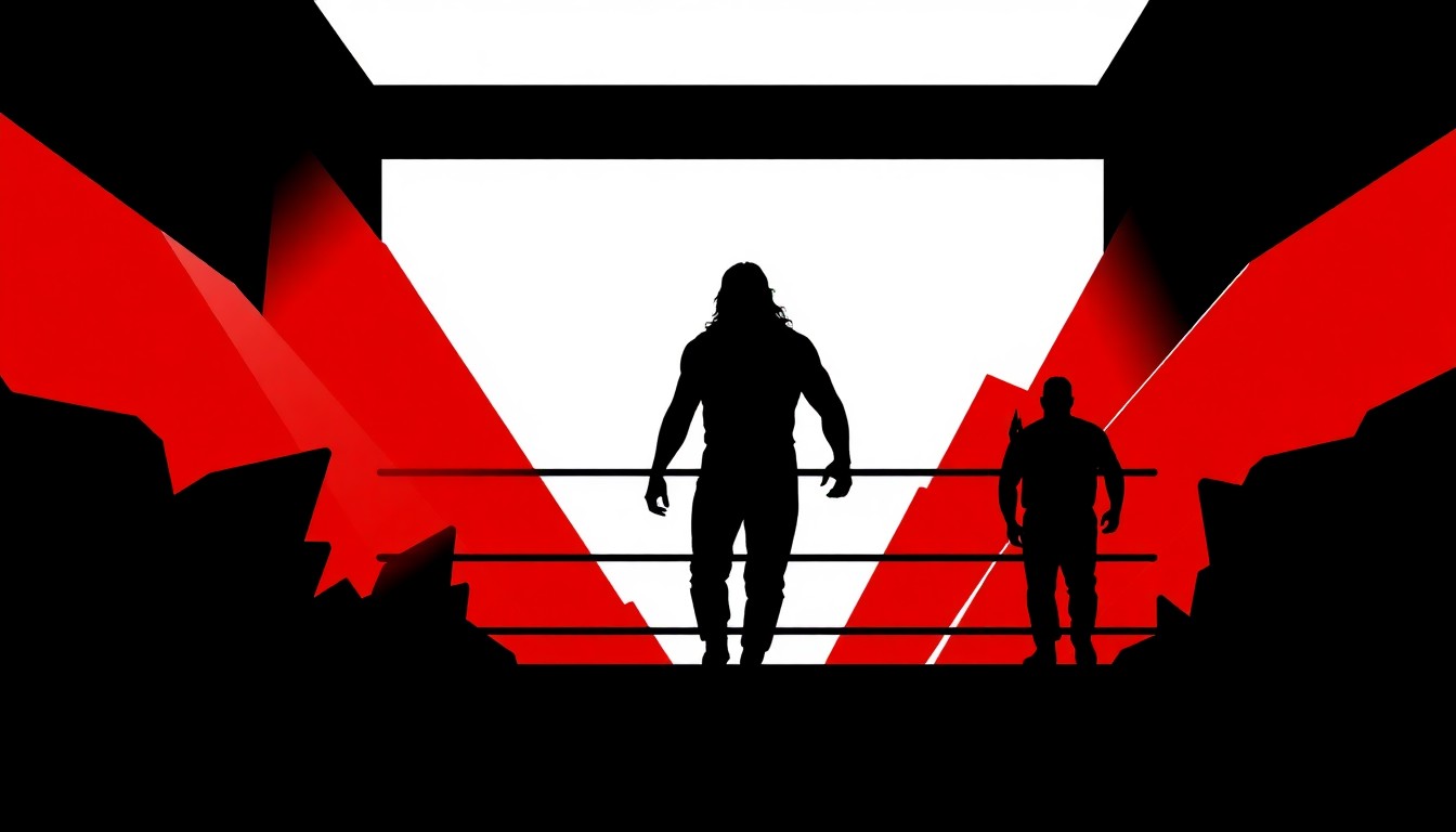 An abstract, minimalist illustration featuring sharp, jagged shapes and bold, contrasting colors to represent the dramatic walkout of a WWE superstar during a live event.