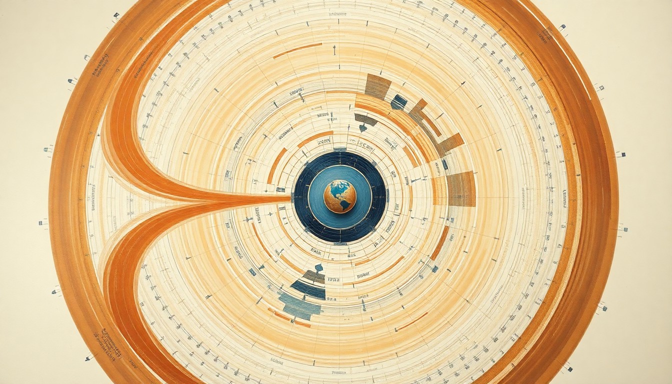 A bold, abstract painting featuring sweeping geometric arcs, concentric circles, and precise spirals in earthy tones of brown, orange, and blue, conceptually representing the complex forces and structures involved in the Artemis II spacecraft's re-entry and landing.