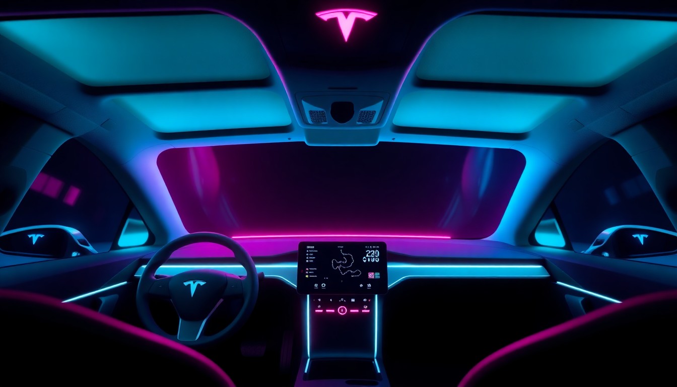 A highly detailed, glowing 3D illustration of a Tesla vehicle's interior cabin, with the cabin cameras illuminated by neon cyan and magenta lights, representing the advanced biometric monitoring technology.