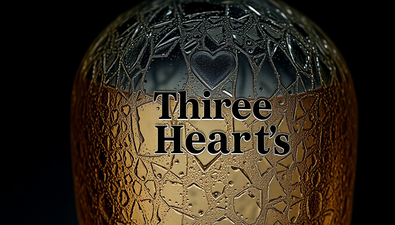 An extreme close-up photograph of a glass rum bottle with a textured, glittering surface, capturing the high-end, glamorous aesthetic of the 'Three Hearts' brand.