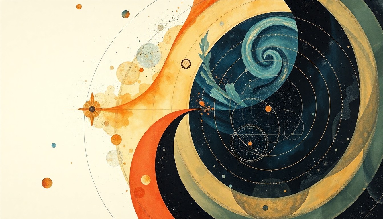 An abstract, highly structured painting in soft, flat colors depicting a complex, interlocking system of geometric shapes, arcs, and spirals, representing the intricate forces and concepts of a satellite megaconstellation in low Earth orbit.