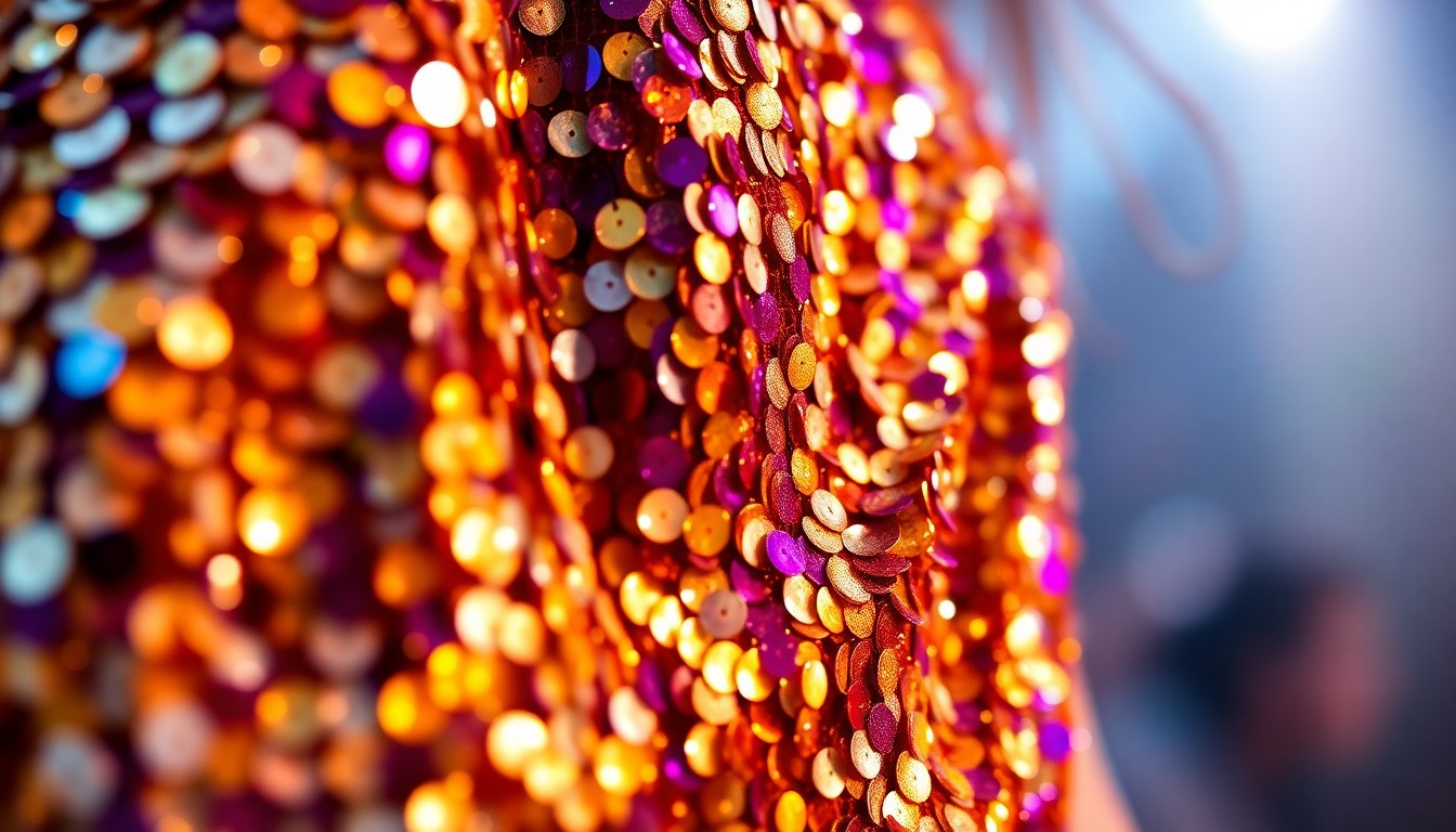 An extreme close-up photograph of shimmering, high-contrast sequins in a variety of metallic hues, conveying the glamour and excitement of a major music festival performance.