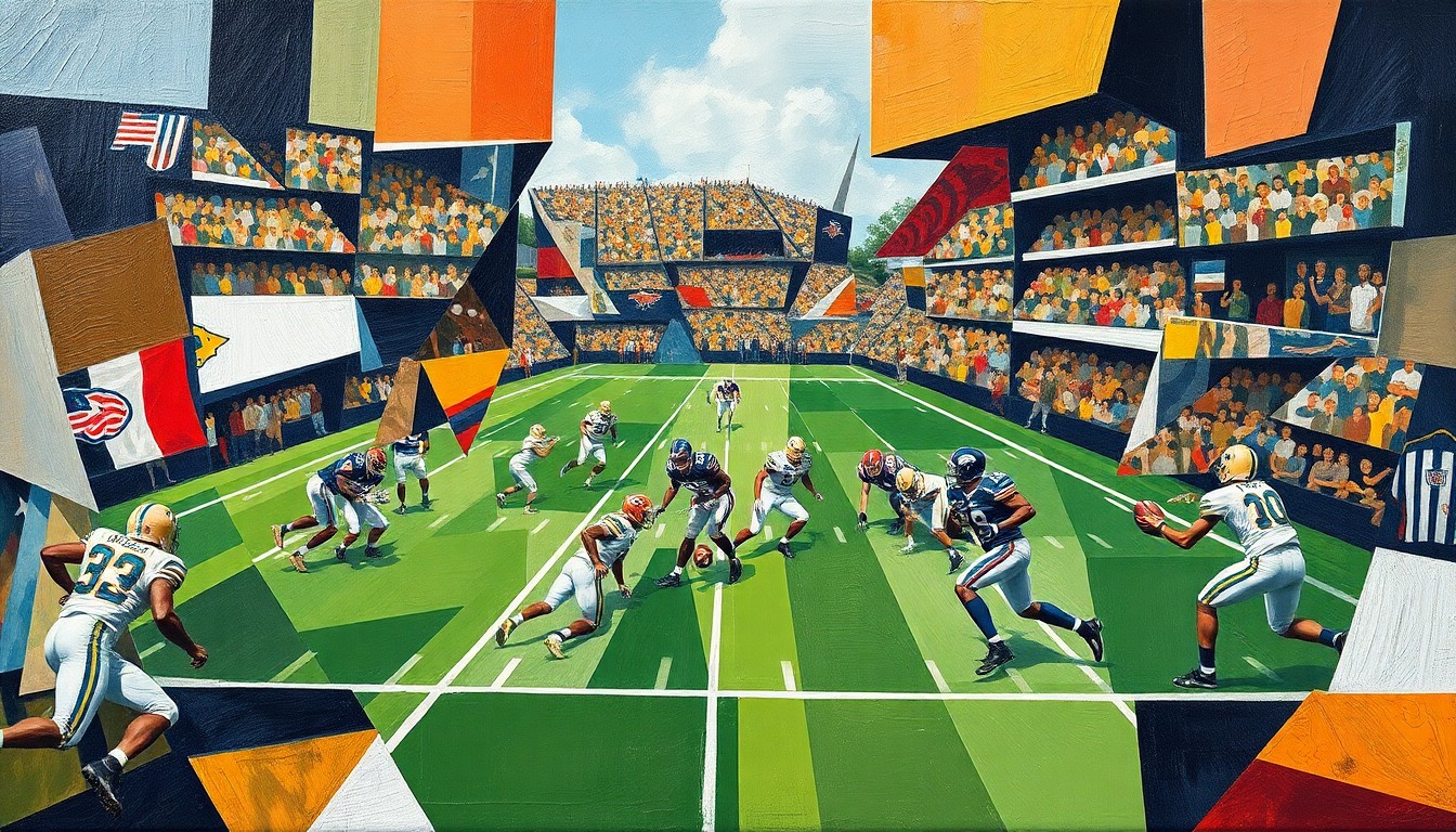 A fragmented, geometric painting depicting the dynamic movements and energy of a football game, with the players and field abstracted into sharp, overlapping planes of color and form.