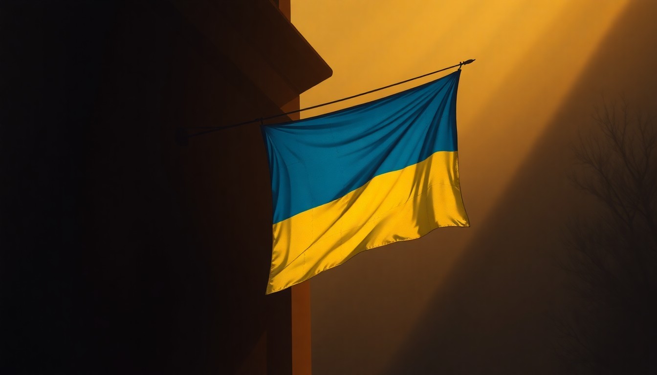 A cinematic painting of a solitary Ukrainian flag hanging from a government building, the fabric illuminated by warm, diagonal sunlight and cast in deep shadows, conveying a sense of quiet contemplation and the weight of the ongoing conflict.