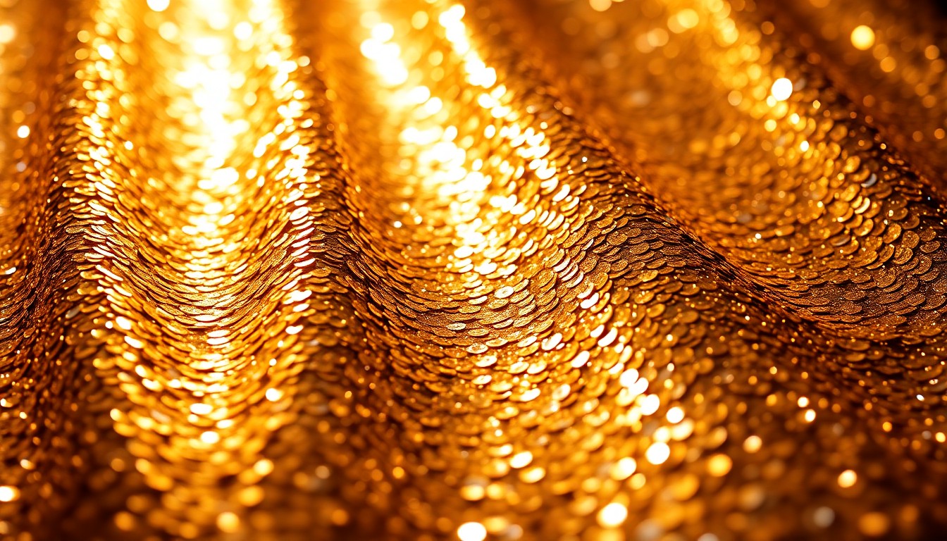 An abstract close-up photograph of glittering gold and silver sequins, capturing the glamour and high-energy of a music festival stage in dramatic, high-contrast lighting.