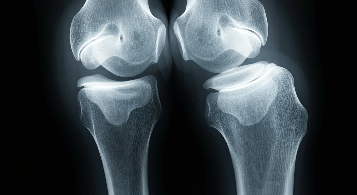 An extreme close-up X-ray photograph revealing the intricate structures of an arthritic human knee joint, with the bones and cartilage glowing against a dark background, conceptually illustrating the complex medical challenges of this debilitating condition.
