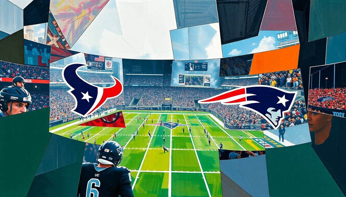 A cubist-style painting depicting a football game, with players and field elements broken down into sharp, overlapping geometric shapes and planes, conveying the fragmented nature of the Texans' injury-plagued roster.