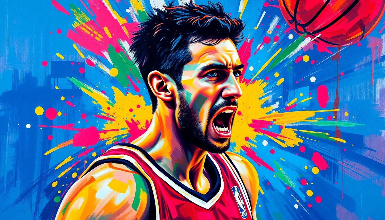 An abstract, expressionist painting in vibrant neon colors capturing the dynamic movements and energy of a basketball player in action, with faces and details dissolving into textured brushstrokes.