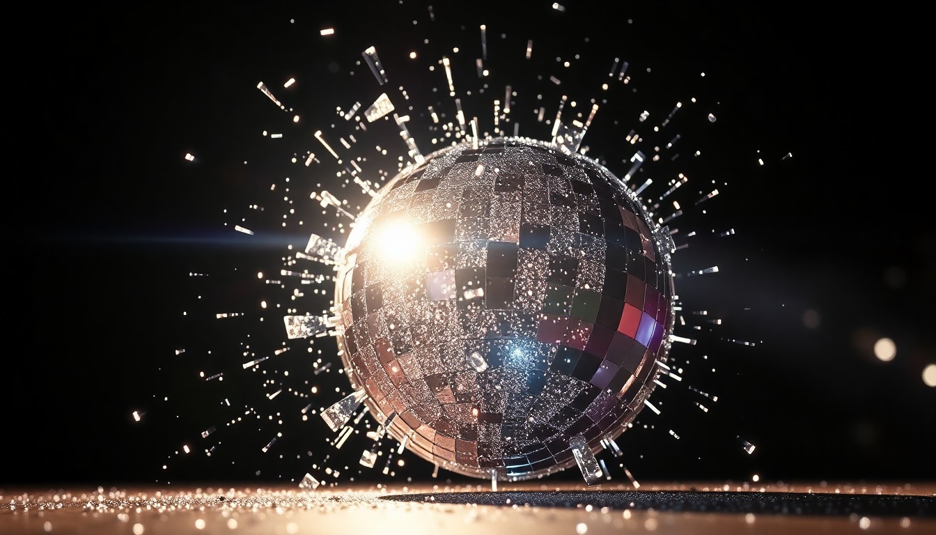 An extreme close-up of shattered, glittering glass reflecting dramatic studio lighting, conceptually representing the high-fashion glamour and visual excess of the Coachella music festival.