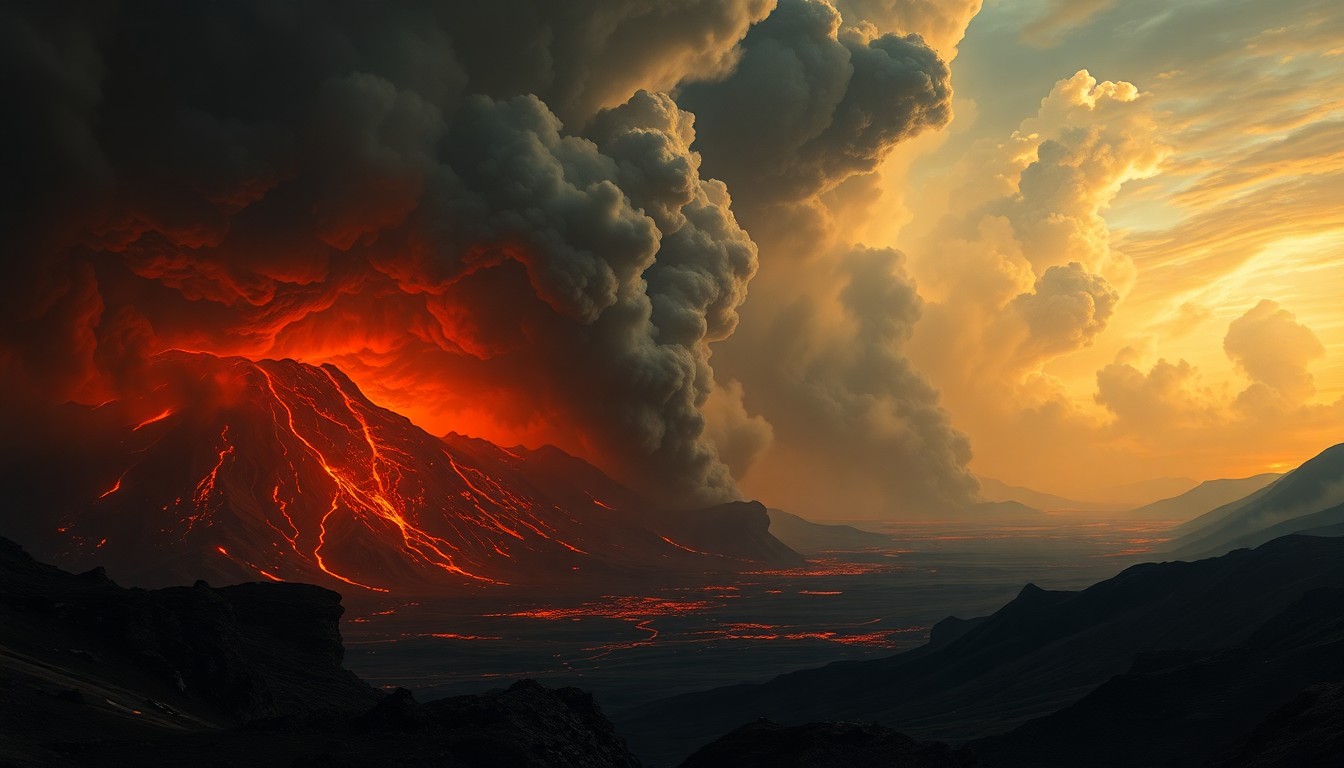 A vast, atmospheric landscape painting depicting the dramatic, sublime scale of a volcanic eruption, with billowing plumes of ash and the fiery glow of lava dwarfing any physical structures or human presence.