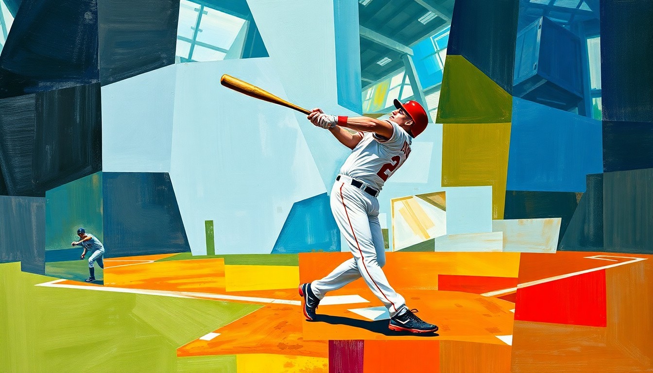 A fragmented, geometric painting depicting a baseball player in motion, with sharp, overlapping planes of color and form, capturing the complexity and uncertainty of athletic performance.