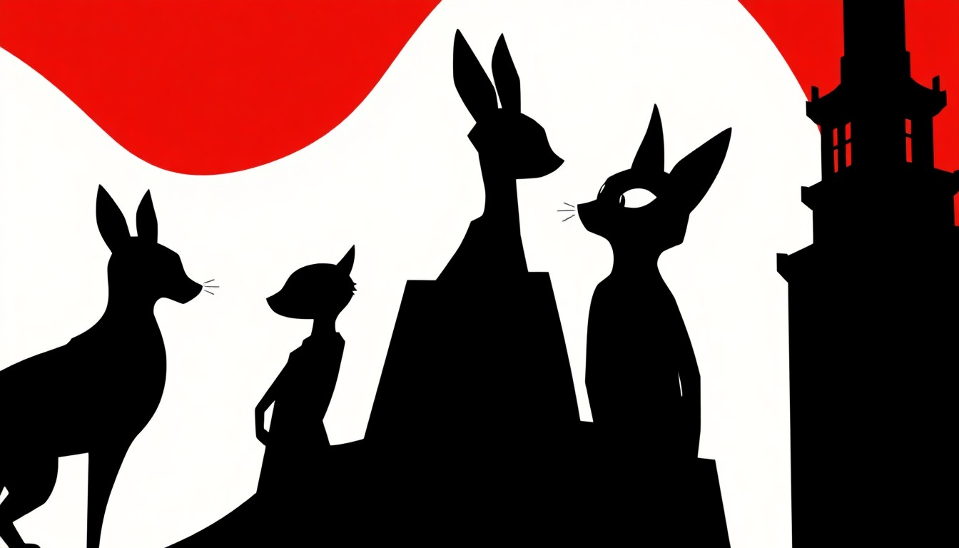A minimalist, abstract illustration in the style of Saul Bass, featuring a bold, jagged black silhouette shape against a high-contrast red and white background, conceptually representing the success of the Zootopia 2 animated film at the Chinese box office.