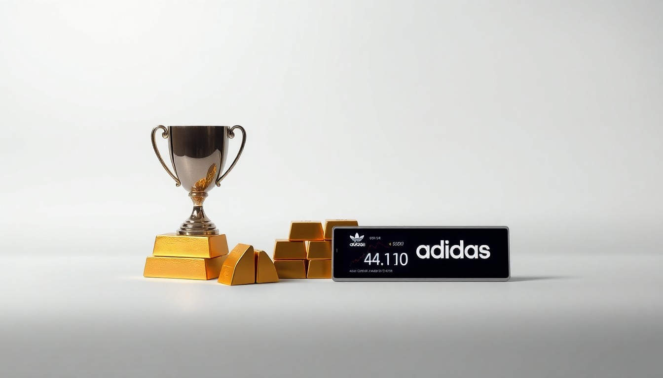 A high-end, photorealistic studio still-life photograph featuring a polished metal trophy, a stack of gold bullion bars, and a sleek digital display showing Adidas' stock price. The objects are arranged elegantly on a clean, monochromatic seamless background, using sharp, dramatic studio lighting and deep shadows to represent the abstract concepts of corporate success, financial markets, and global brand dominance.