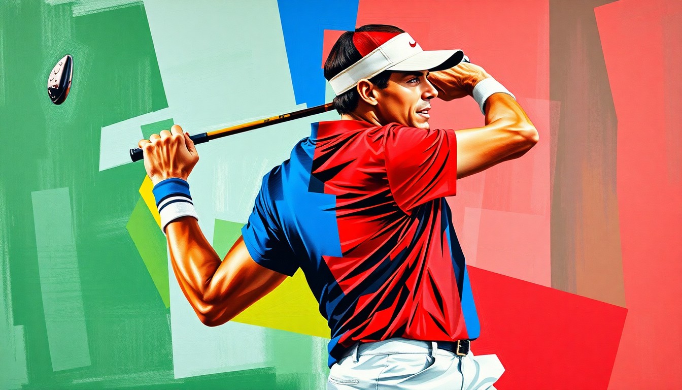 A cubist, geometric painting depicting the overlapping movements and perspectives of a tennis swing and a golf swing, rendered in bold, vibrant colors that capture the energy and athleticism of the sports.