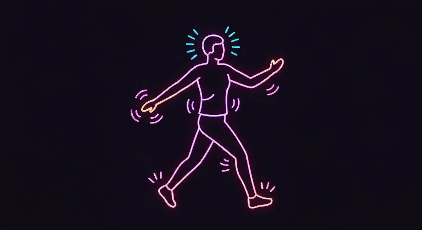 A minimalist illustration in the style of Keith Haring, depicting a person doing light exercise such as walking or stretching, defined by vibrant neon lines against a dark background, conveying the active energy and movement required to overcome seasonal depression.