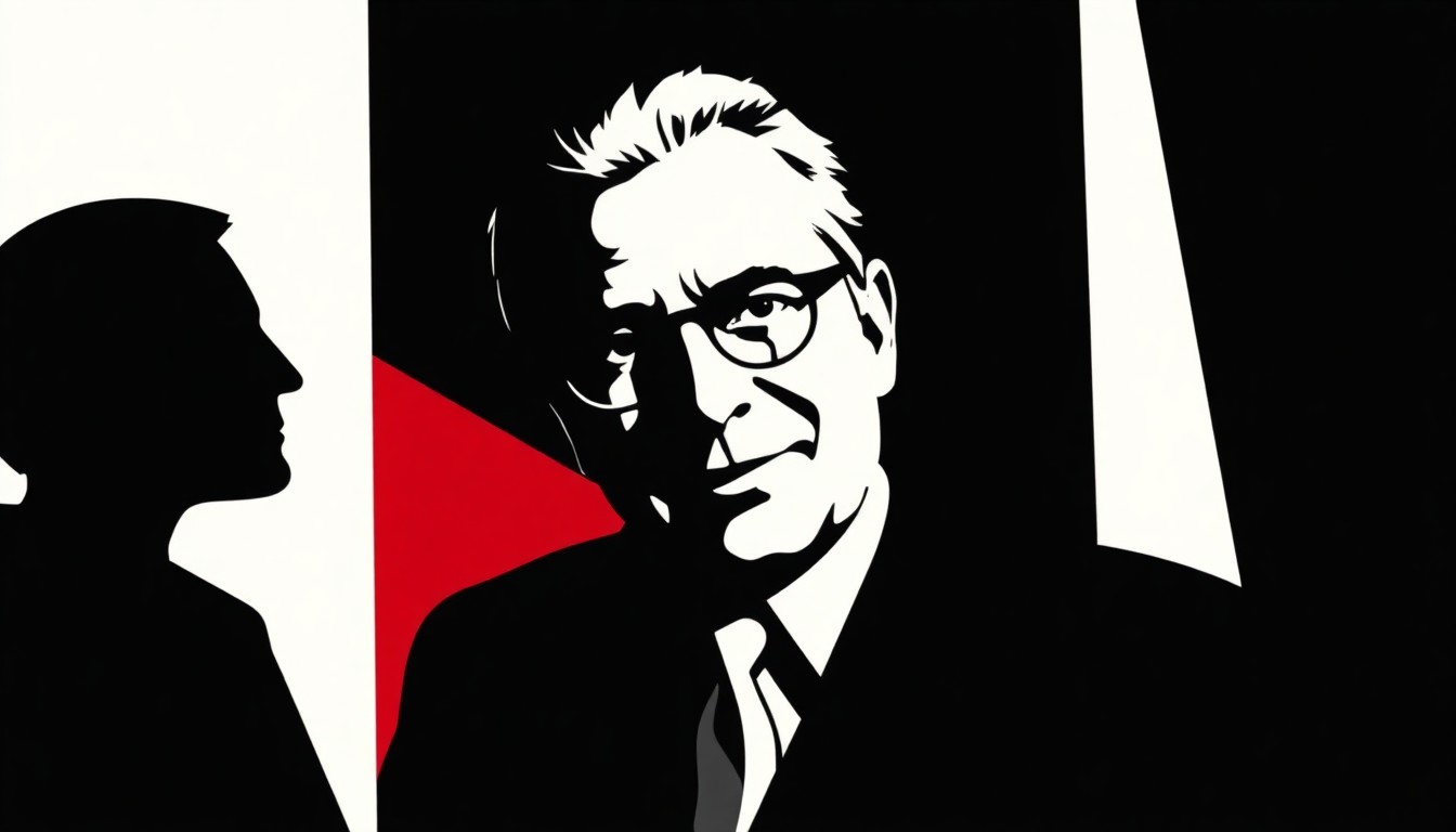 An abstract, minimalist illustration featuring stark black and white geometric shapes arranged in a dynamic, angular composition, conceptually representing the influential legacy of a radio pioneer.