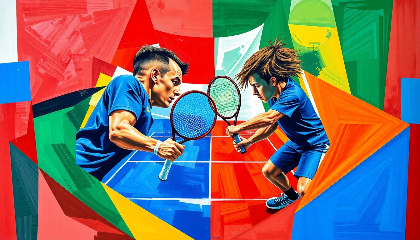 A fractured, multi-perspective painting in the style of Pablo Picasso, breaking a tennis match down into sharp, overlapping geometric planes of vibrant colors representing the Czech and Italian national flags.