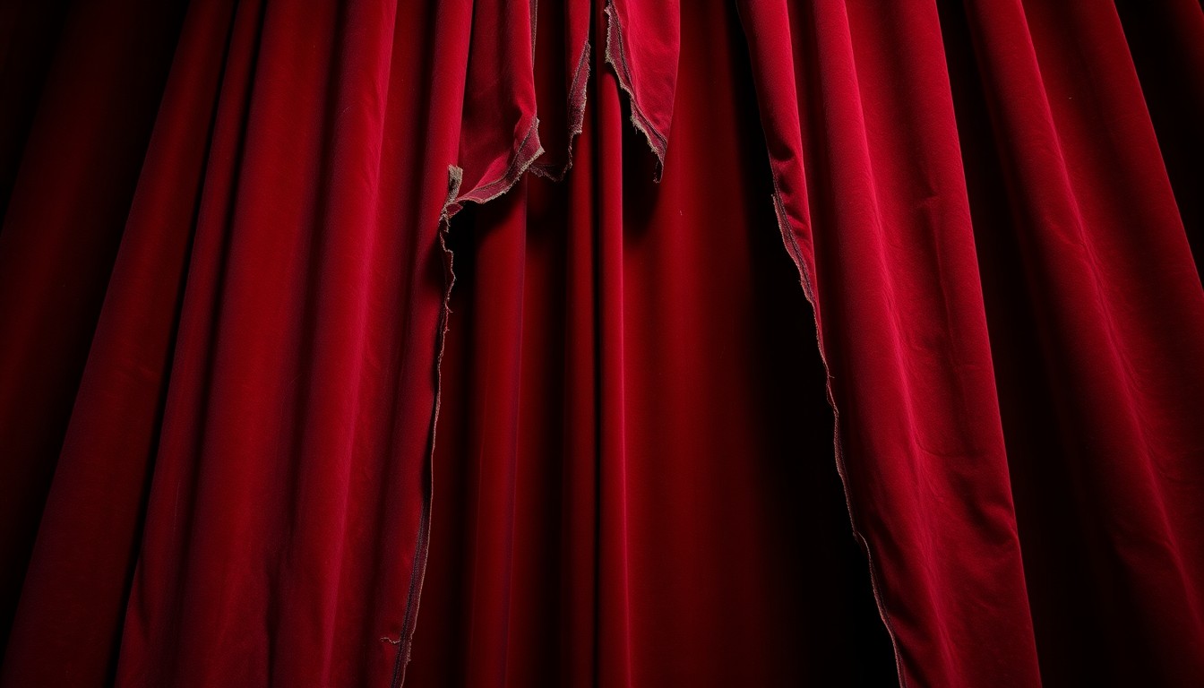 An extreme close-up photograph of a tattered, worn theater curtain in deep red and black hues, creating a high-contrast, gritty aesthetic that evokes the suspenseful atmosphere of a true crime story.