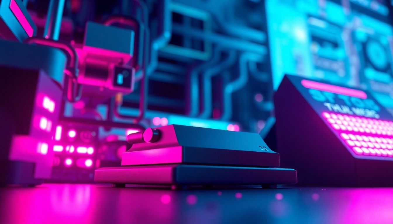 A glowing, neon-lit 3D illustration of various interconnected tech components, representing the digital infrastructure and innovations powering Rspack's web development tools.