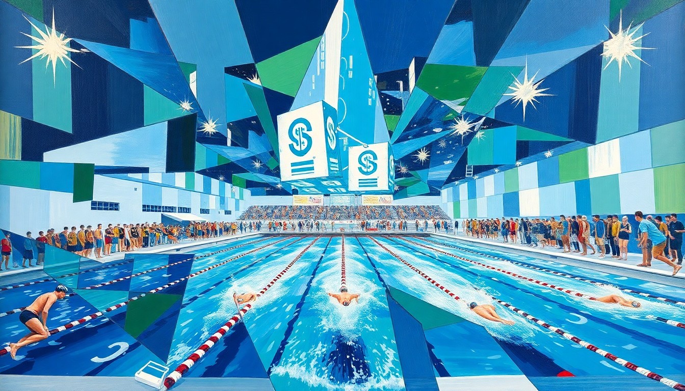 A fractured, cubist-style painting depicting the dynamic motion and energy of a college swim competition, with swimmers and water represented through sharp, overlapping geometric shapes in vibrant blues, greens, and whites.