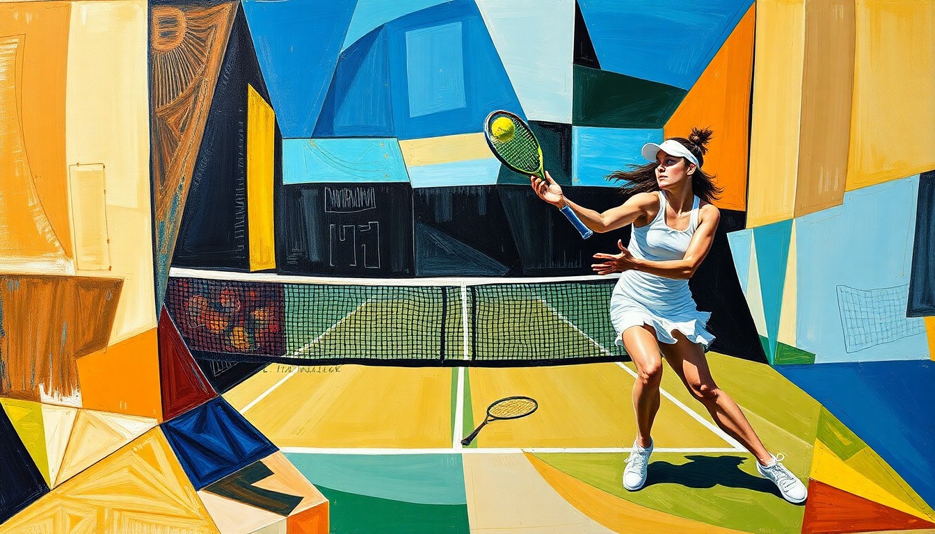 A cubist, fragmented painting depicting the powerful serve of Elena Rybakina during her quarterfinal match against Iga Świątek at the Australian Open. The ball and player's motion are broken down into sharp, overlapping geometric shapes, capturing the energy and intensity of the moment.