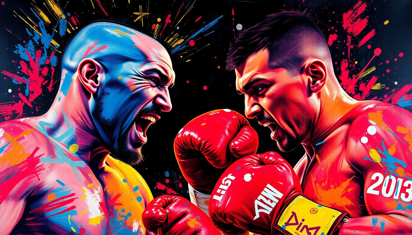 An abstract, expressionist painting in vibrant neon colors depicting the intense, dynamic movements of a boxer, likely Tyson Fury, as he prepares for a fight. The faces and details are blurred, creating a sense of raw energy and emotion.