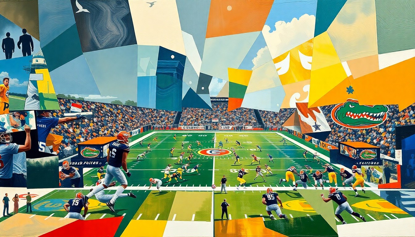 A cubist, geometric painting depicting a college football game, with players and field elements broken down into overlapping planes of color and abstract shapes, conveying the strategic complexity and raw energy of the game.