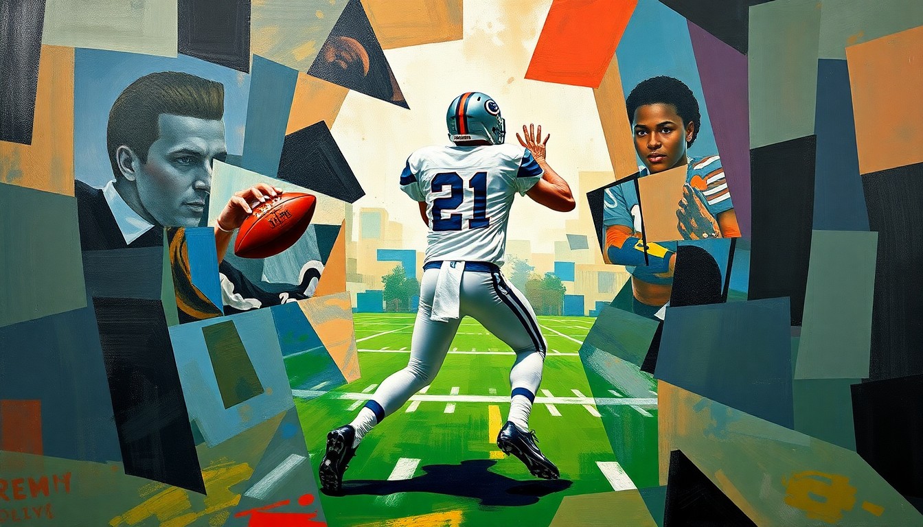 A cubist-style painting depicting a college football quarterback in the act of dropping back to pass, with the figure broken down into sharp, overlapping geometric shapes and planes, conveying a sense of motion and uncertainty.