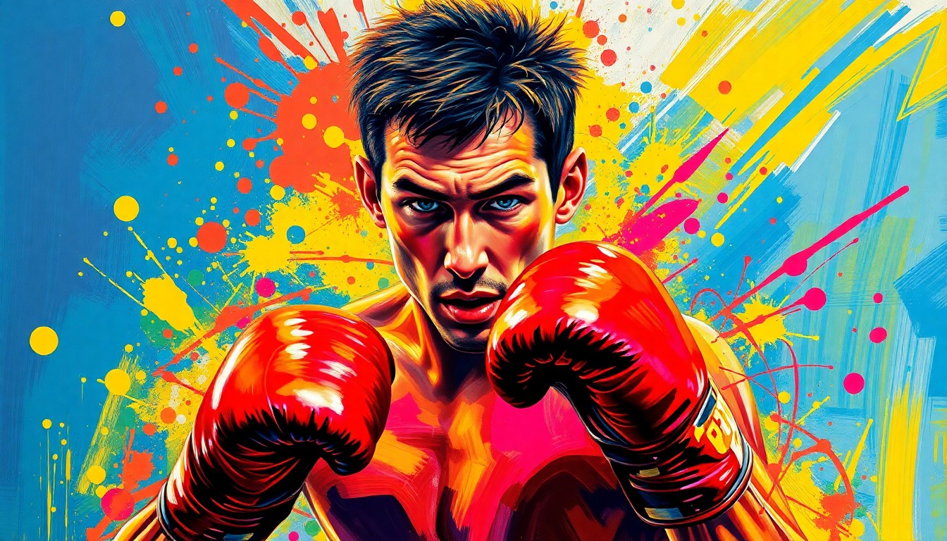 An extreme close-up of a boxer's face, rendered in a vibrant, expressionist style with rapid brushstrokes and neon colors, capturing the raw energy and emotion of the sport.