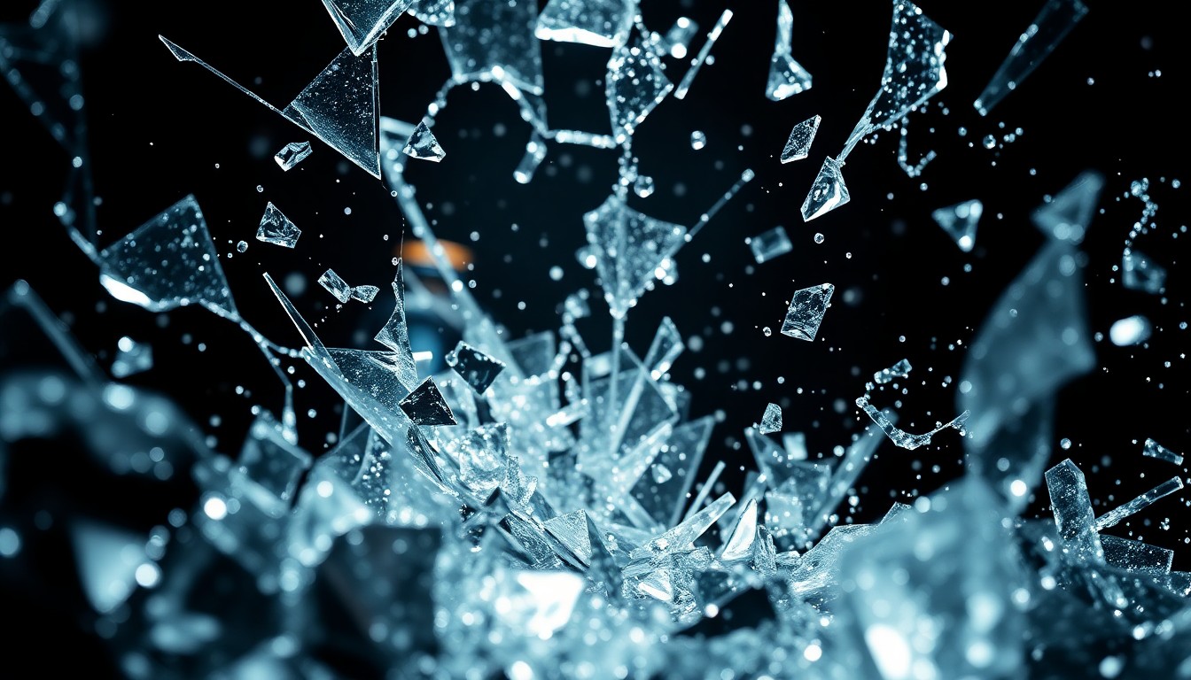 An abstract close-up photograph featuring shattered glass and glittering metal fragments, captured in dramatic, high-contrast studio lighting to create a glitzy, high-fashion aesthetic that conceptually represents the high-budget, high-stakes nature of the film 'Project Hail Mary'.
