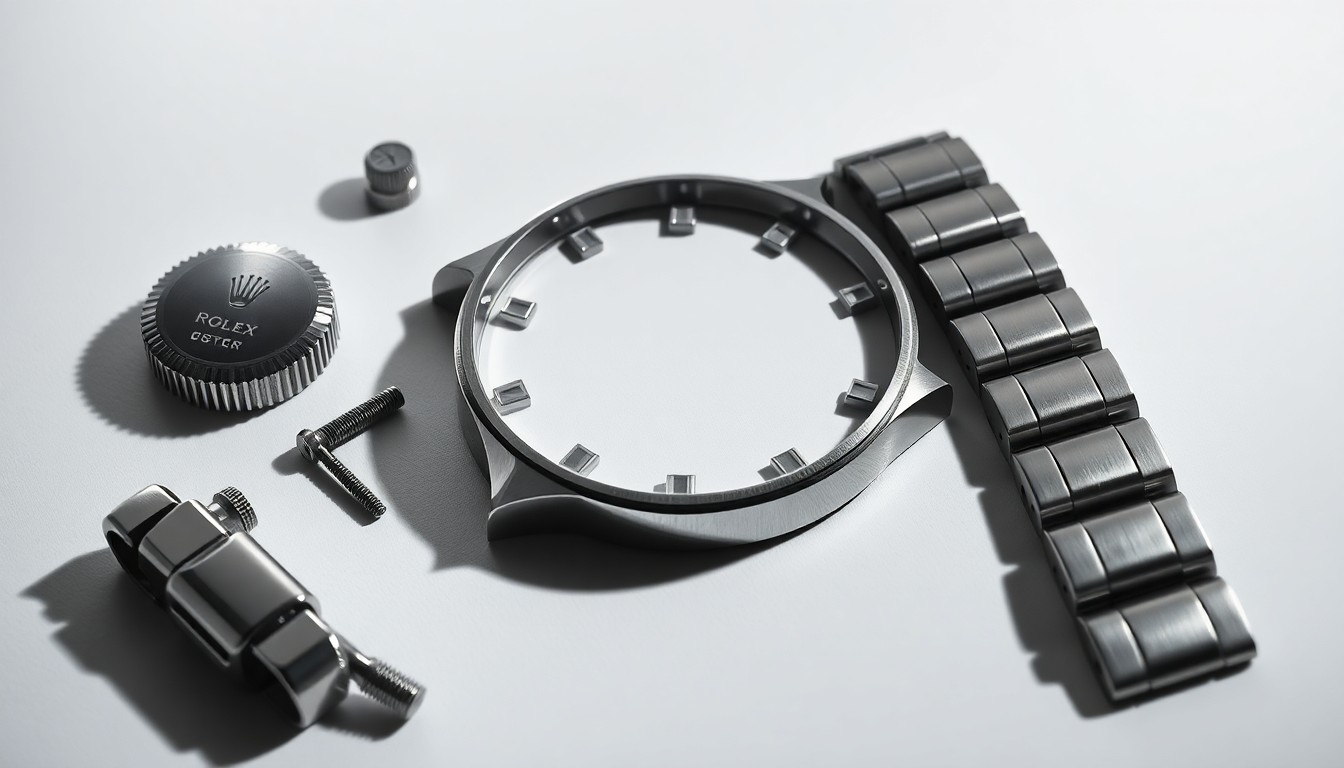 A close-up photograph of the disassembled components of a Rolex Oyster case, arranged in a minimalist, high-end studio still life that captures the precision engineering and timeless design of this iconic watch feature.