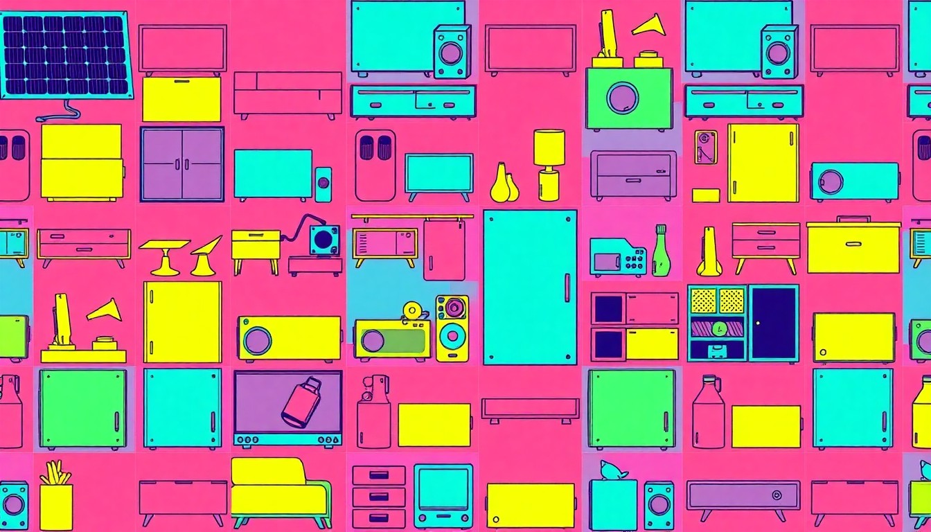 A brightly colored, high-contrast silkscreen print of a solar panel repeated in a tight grid pattern, conceptually representing the growing appeal of renewable energy upgrades for home value.