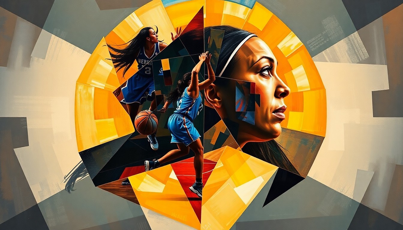 A cubist, geometric painting depicting a WNBA basketball game in motion, with players and the court fragmented into sharp, overlapping planes of color and shape, capturing the dynamic energy and multiple perspectives of the game.