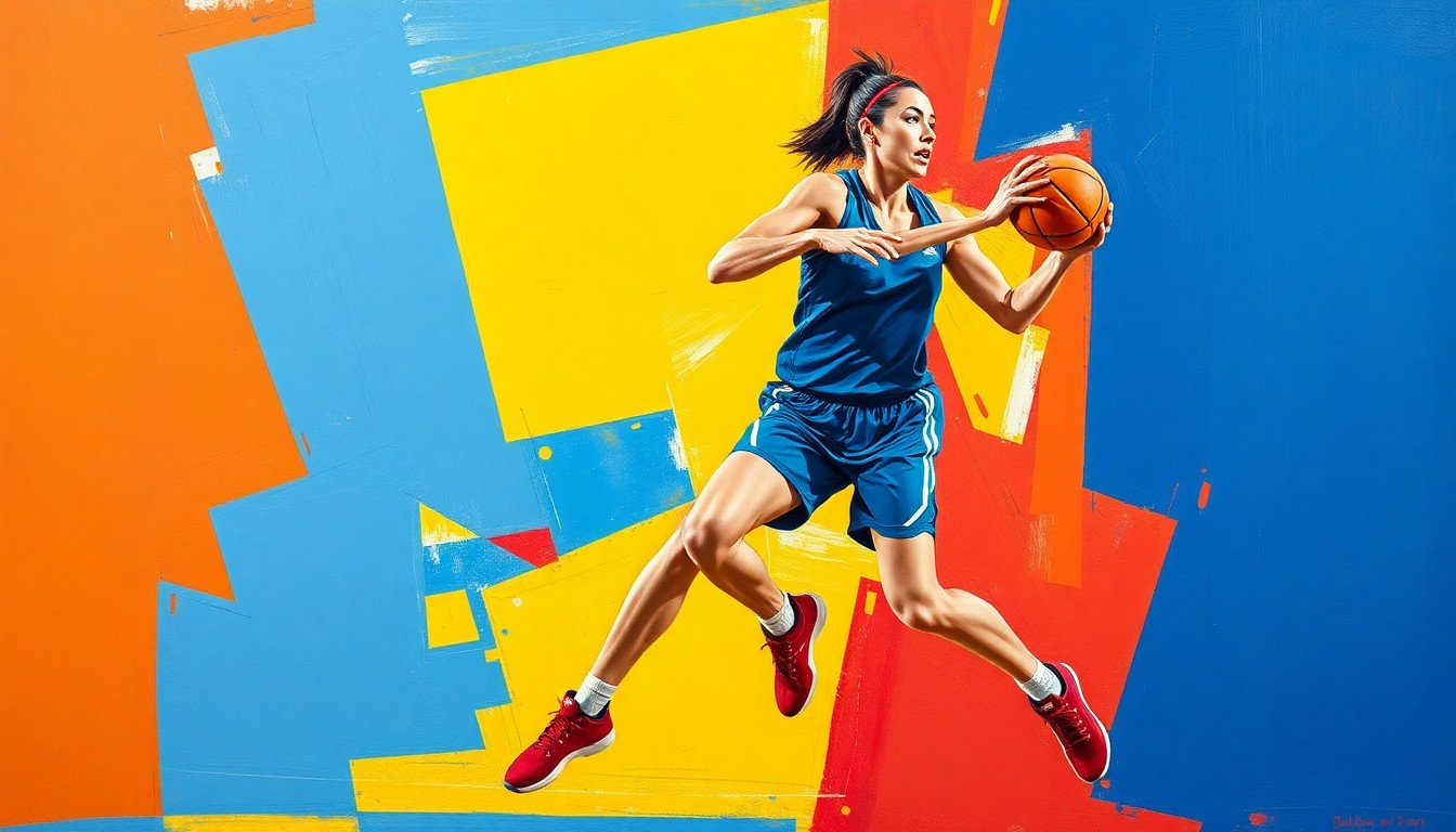 A fragmented, geometric painting depicting a women's basketball player in motion, with sharp planes of color and overlapping perspectives conveying the dynamism of the game.