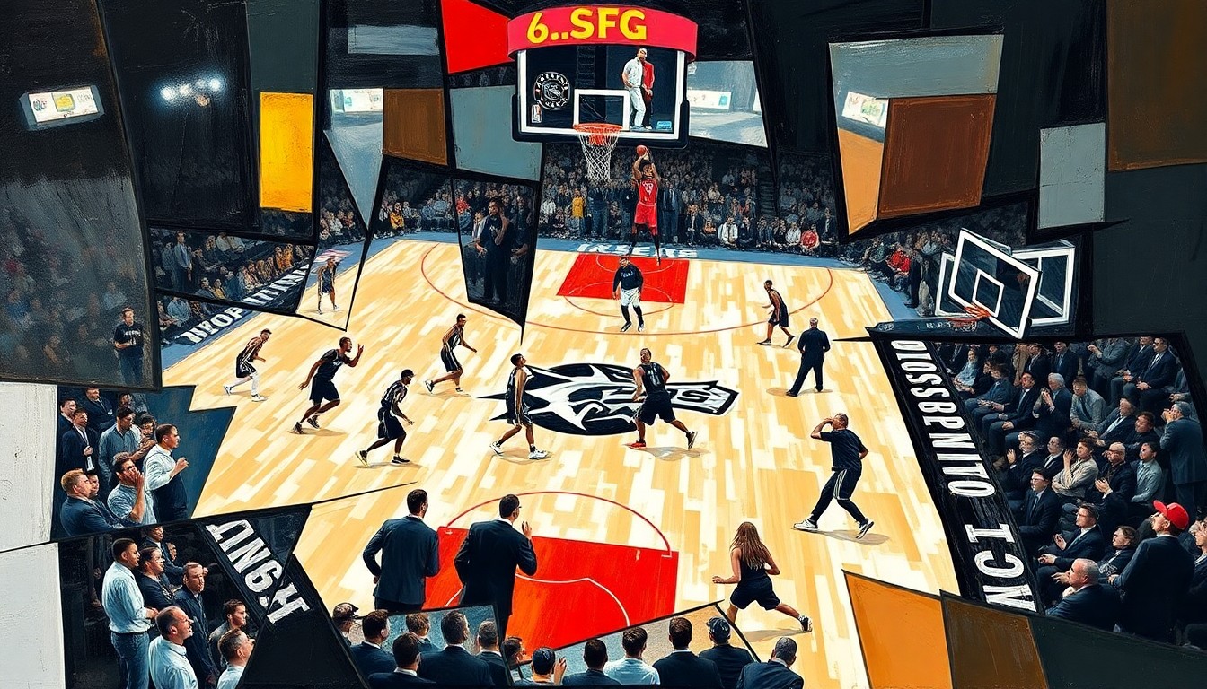 A fractured, cubist-style painting depicting the dynamic energy and movement of a basketball game between the San Antonio Spurs and the Toronto Raptors, with the players' forms and the court's geometry broken down into sharp, overlapping geometric planes.