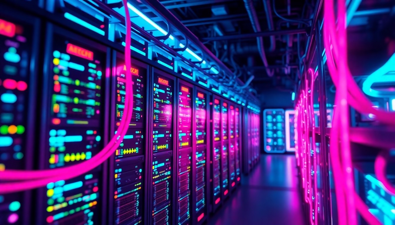 A detailed, three-dimensional illustration of cybersecurity hardware, including servers, cables, and other network components, illuminated by vibrant neon lights in shades of blue and pink, conveying the high-tech, high-stakes nature of safeguarding our digital future.