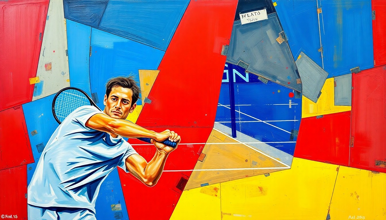 A cubist, geometric painting depicting a tennis match between two players, with overlapping shapes and planes in vibrant colors representing the dynamic action on the court.