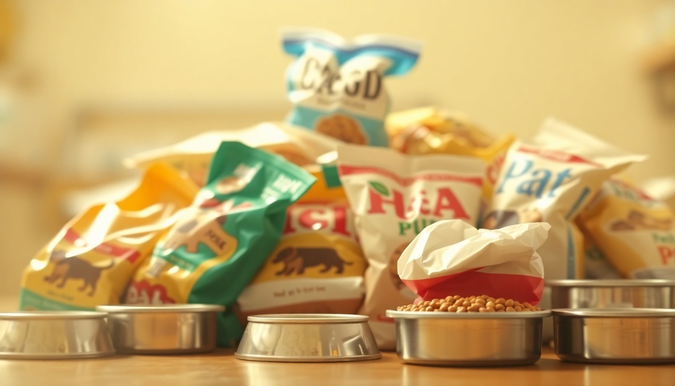 An abstract, blurred photograph in soft, warm tones showing a pile of pet food bags and bowls, conveying the supportive and comforting atmosphere of a community-driven pet food distribution program.