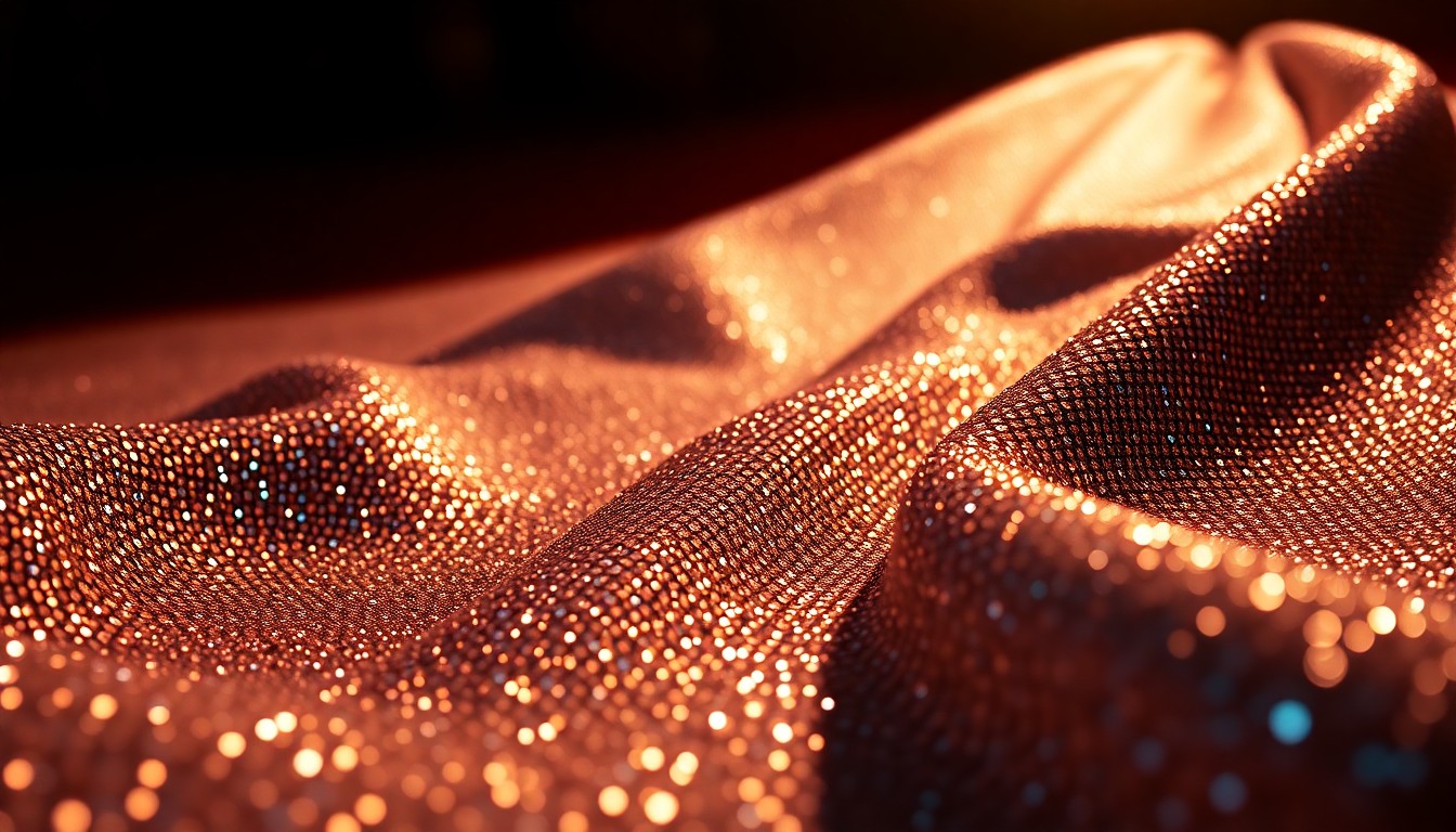 An extreme, abstract close-up photograph showcasing the glittering, shimmering textures of high-end fabrics and sequins, capturing the glamour and opulence of the Oscars red carpet in a conceptual, non-literal way.