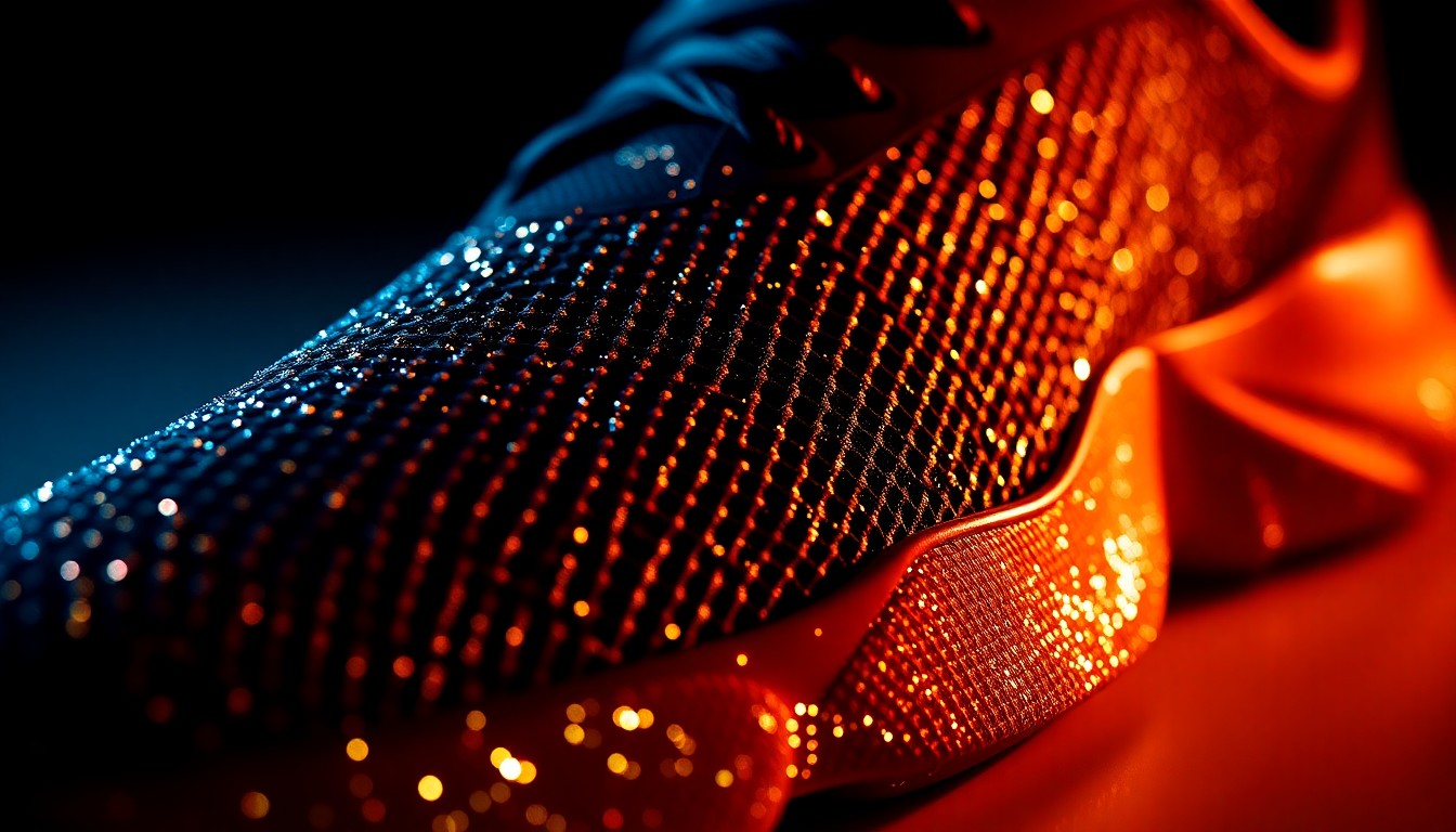 An extreme close-up of the textured, royal blue surface of the TMC x Adidas Harden Vol. 10 sneaker, captured in dramatic studio lighting to create a glamorous, abstract visual representation of the sneaker's cultural significance.