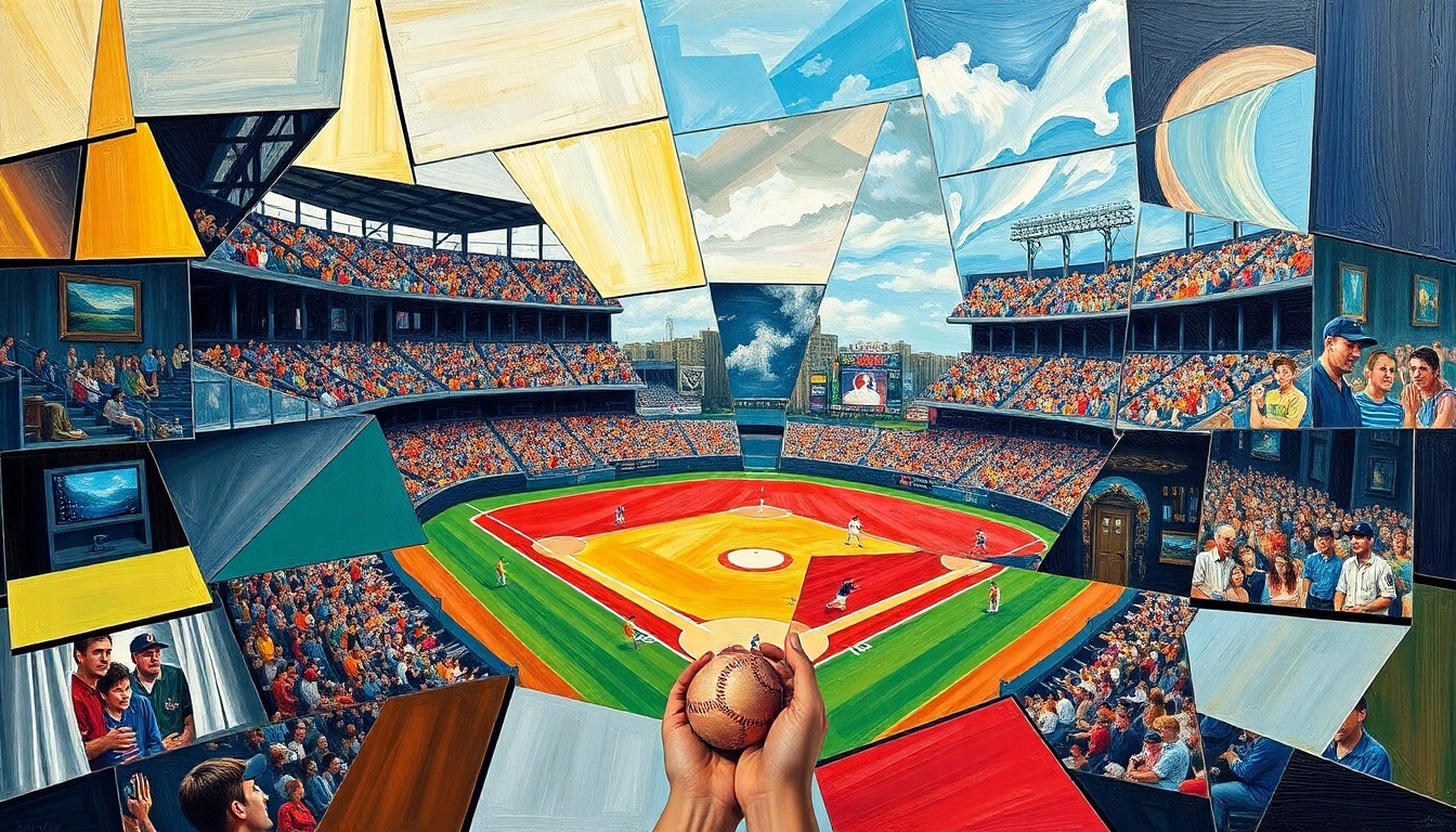 A fragmented, geometric painting depicting a baseball game or match, with players and the field broken down into sharp, overlapping planes of color and shape, conveying the complex dynamics of a potential Ketel Marte trade.