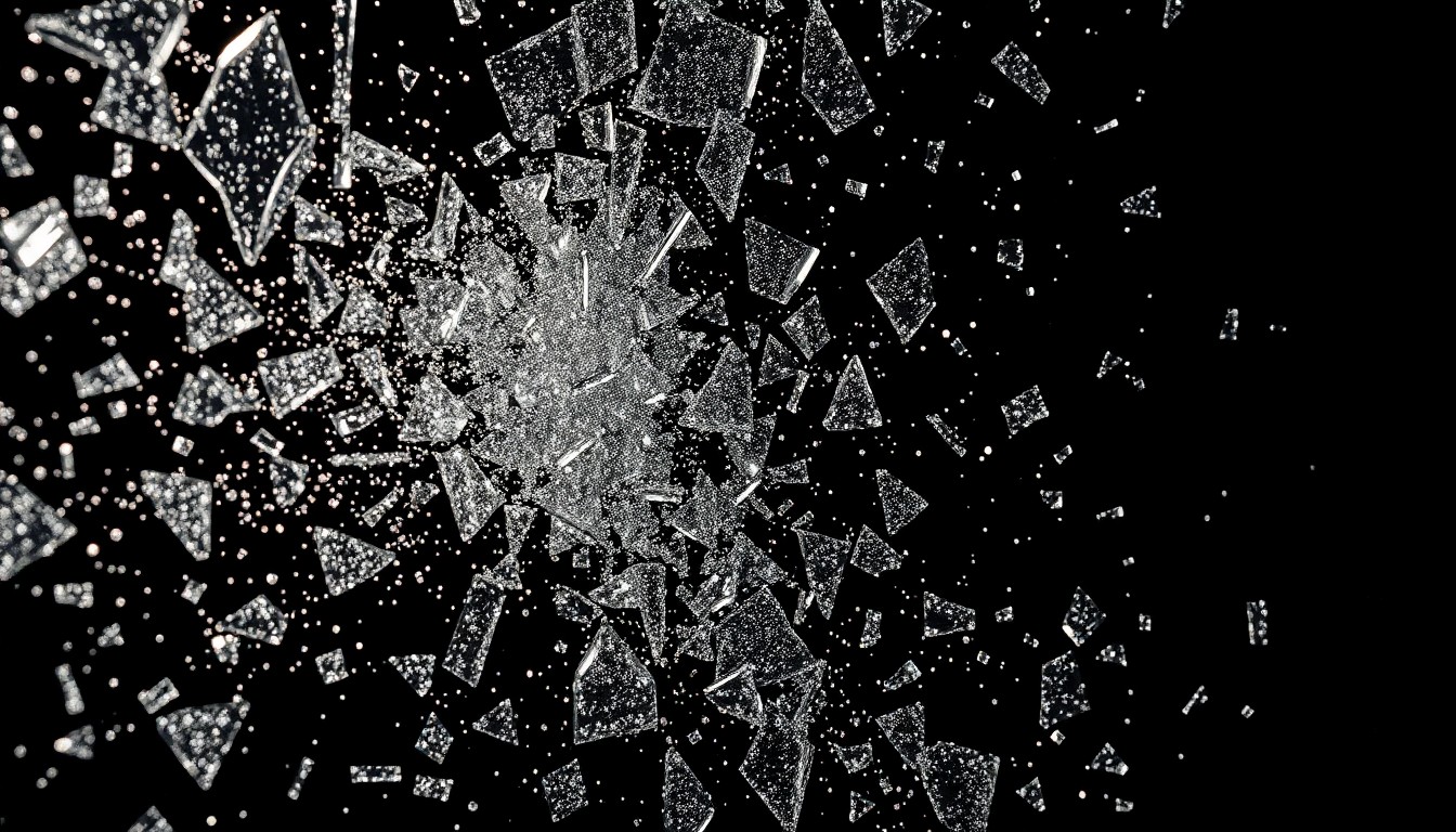 An abstract close-up photograph of shimmering, fractured glass reflecting dramatic studio lighting, conveying the conceptual fusion of opera and pop art.