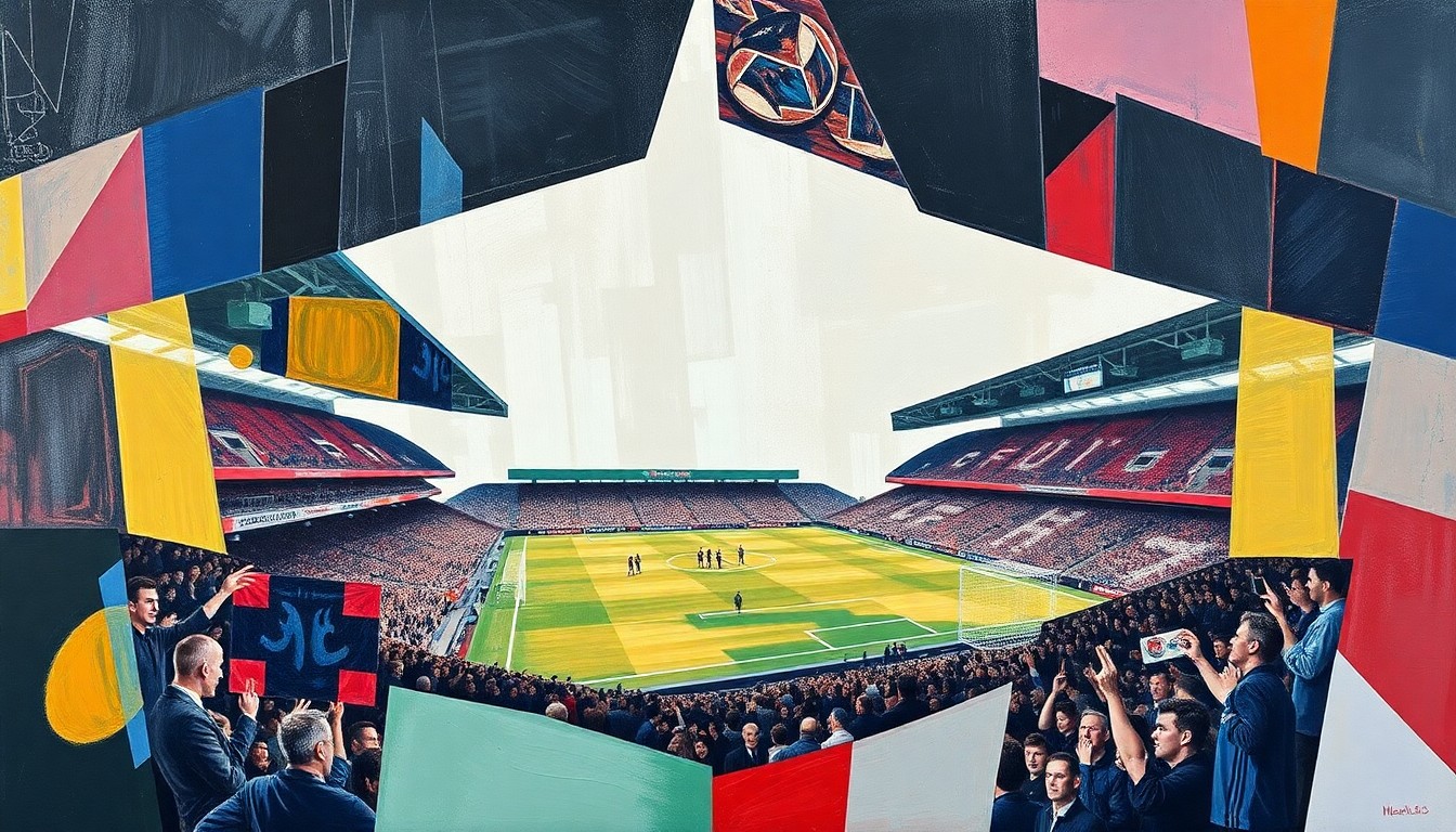 A cubist, geometric painting depicting a fragmented Middlesbrough football match, with players and the pitch broken down into sharp, overlapping shapes and planes, conveying the team's struggle with injuries and disruption.
