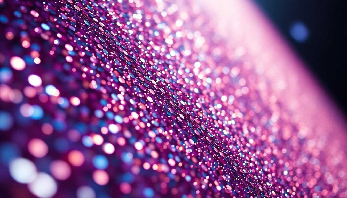 An extreme close-up photograph of shimmering, glittering sequins in dramatic, high-contrast studio lighting, conceptually representing the glamour and energy of a music festival performance.