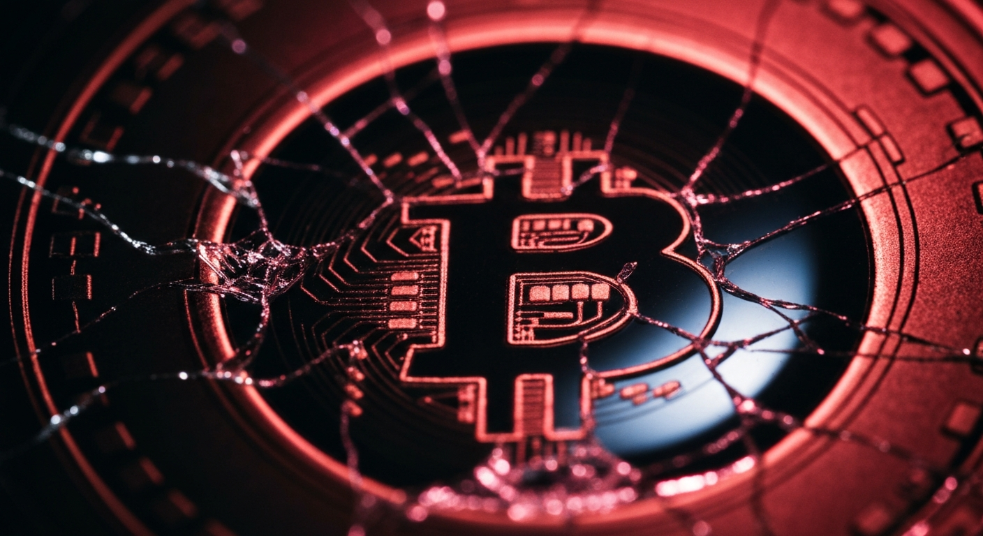 An extreme close-up of a shattered, reflective Bitcoin sensor lens, conceptually representing the volatility of the cryptocurrency market amidst geopolitical tensions.