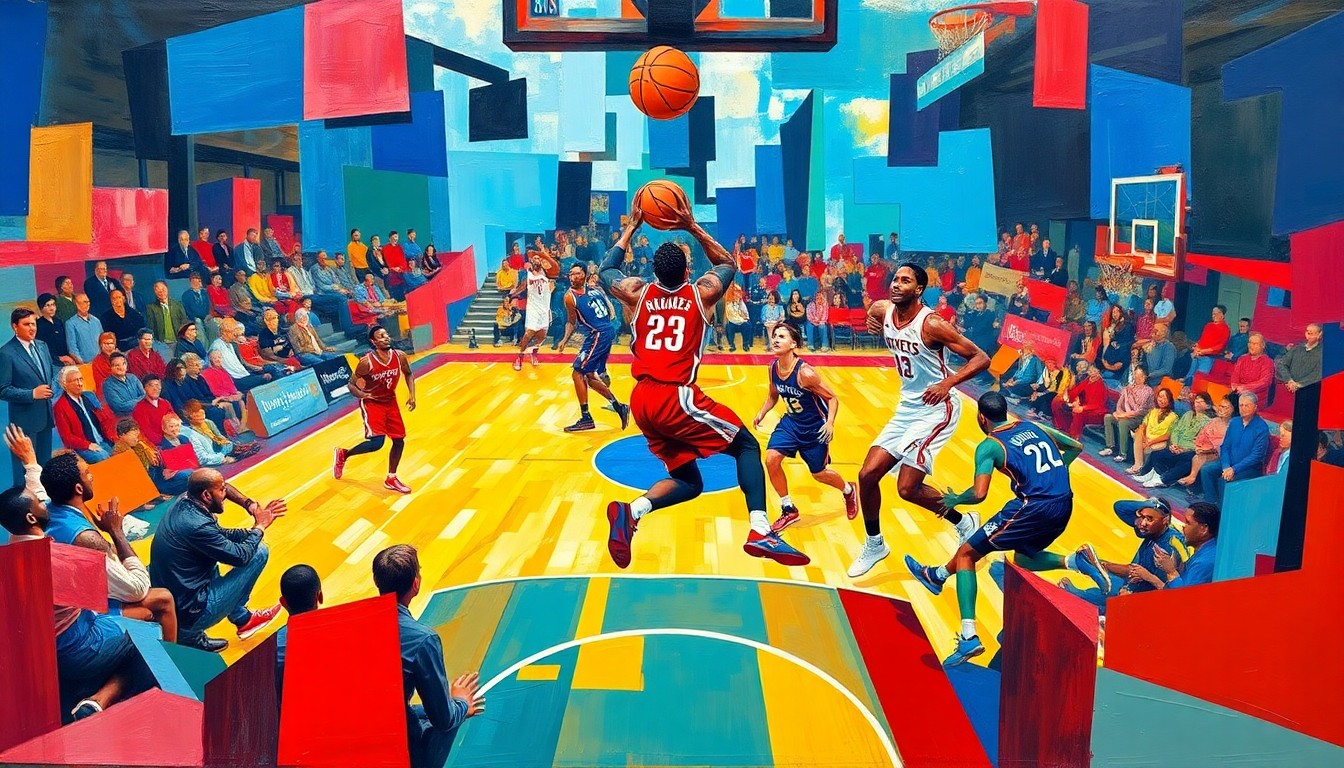 A fragmented, geometric painting in bold colors depicting the action and movement of a basketball game, with players and the court deconstructed into overlapping planes and shapes.