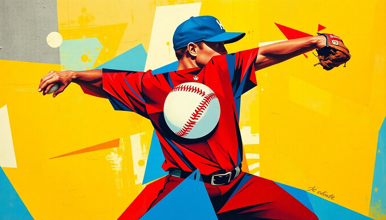 A fragmented, geometric painting depicting a baseball pitcher's motion, with the ball as the central focus, rendered in a vibrant color palette that captures the energy and dynamism of the pitch.