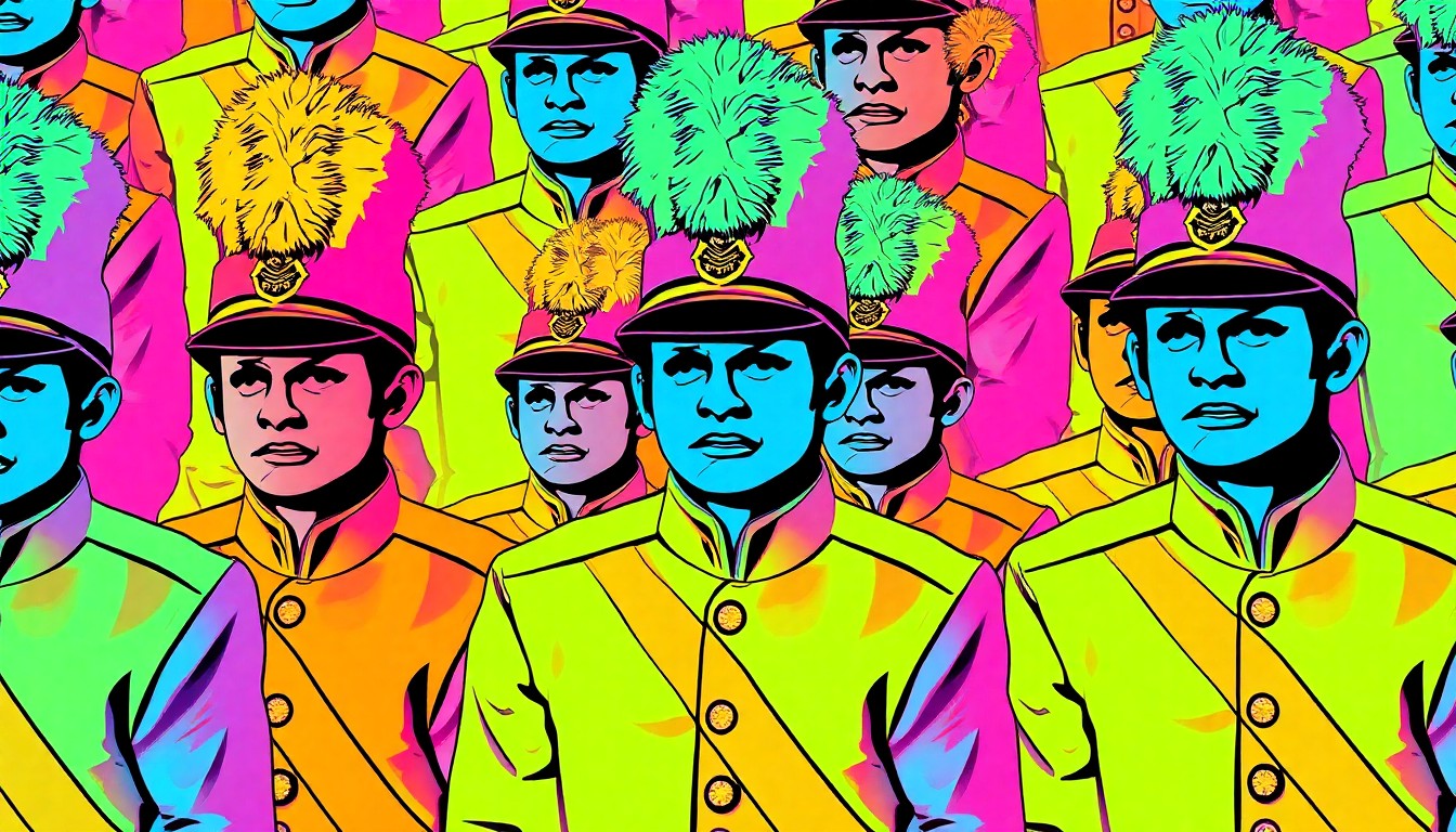 A vibrant, high-contrast silkscreen print of a marching band uniform repeated in a grid, conceptually representing the divisive controversy over a local high school rivalry.