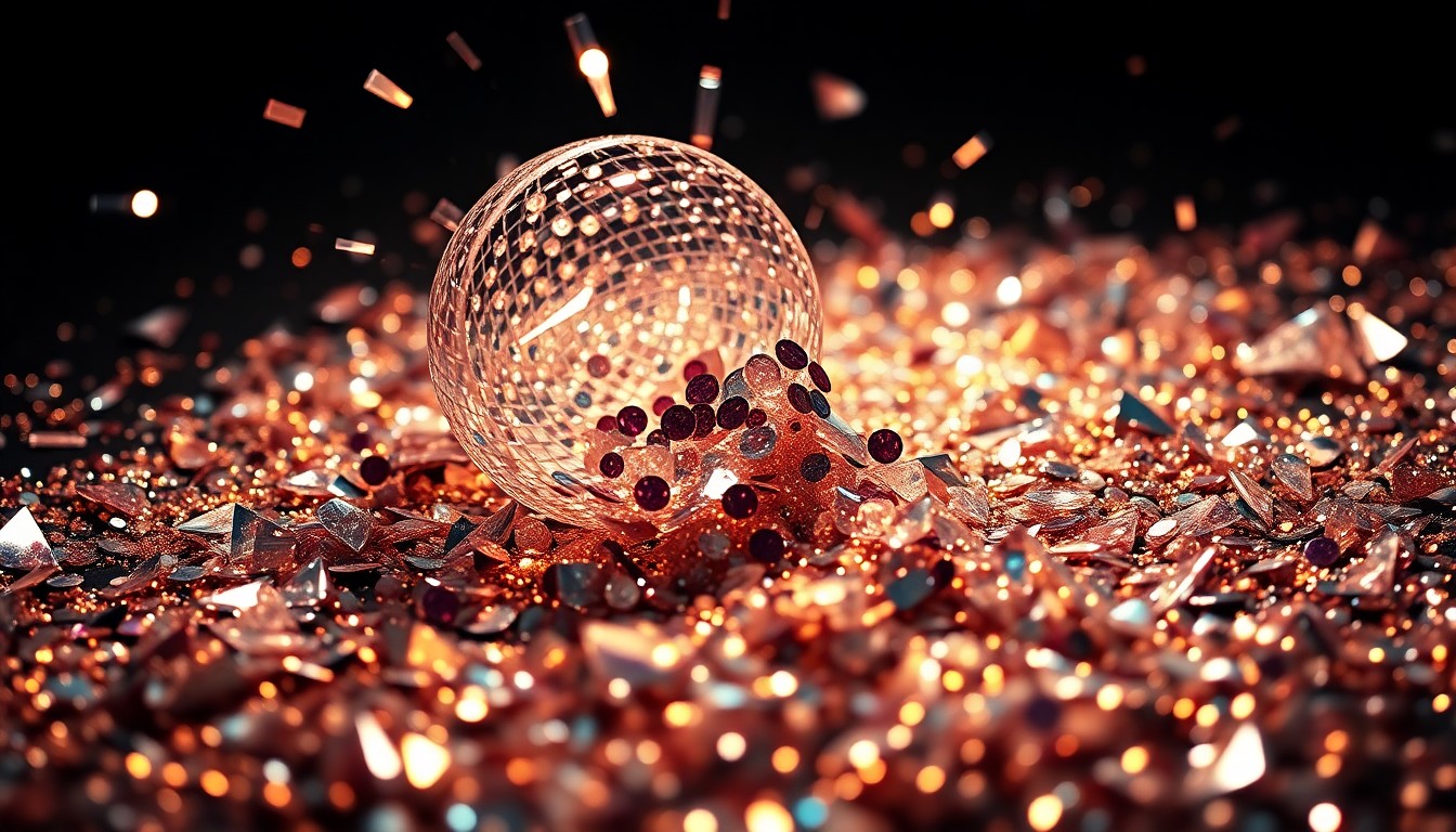 An abstract close-up photograph of shimmering sequins and shattered glass, captured in dramatic lighting to create a high-fashion, luxurious aesthetic that evokes the energy and glamour of Colman Domingo's SNL hosting debut.