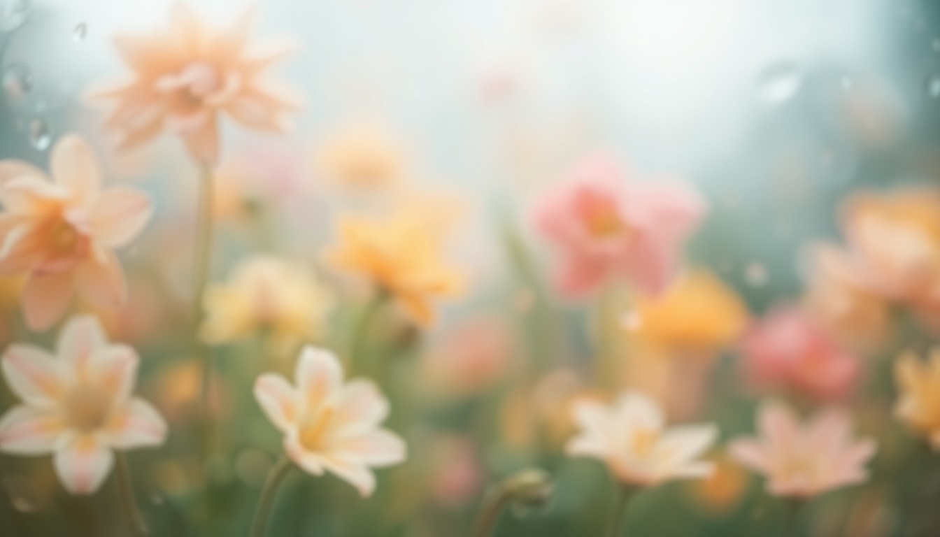 An impressionistic, out-of-focus photograph depicting a soft, hazy scene of spring flowers in muted pastel colors, conveying a dreamlike and serene atmosphere.